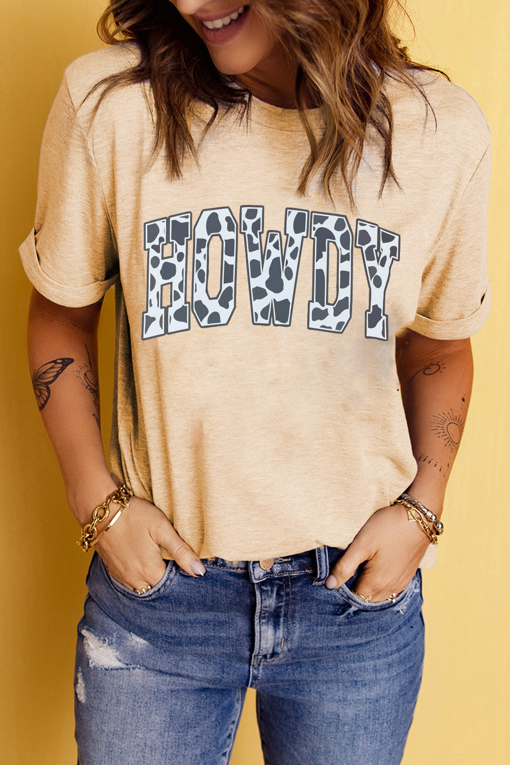 Khaki Animal Print HOWDY Letter Print Graphic Tee