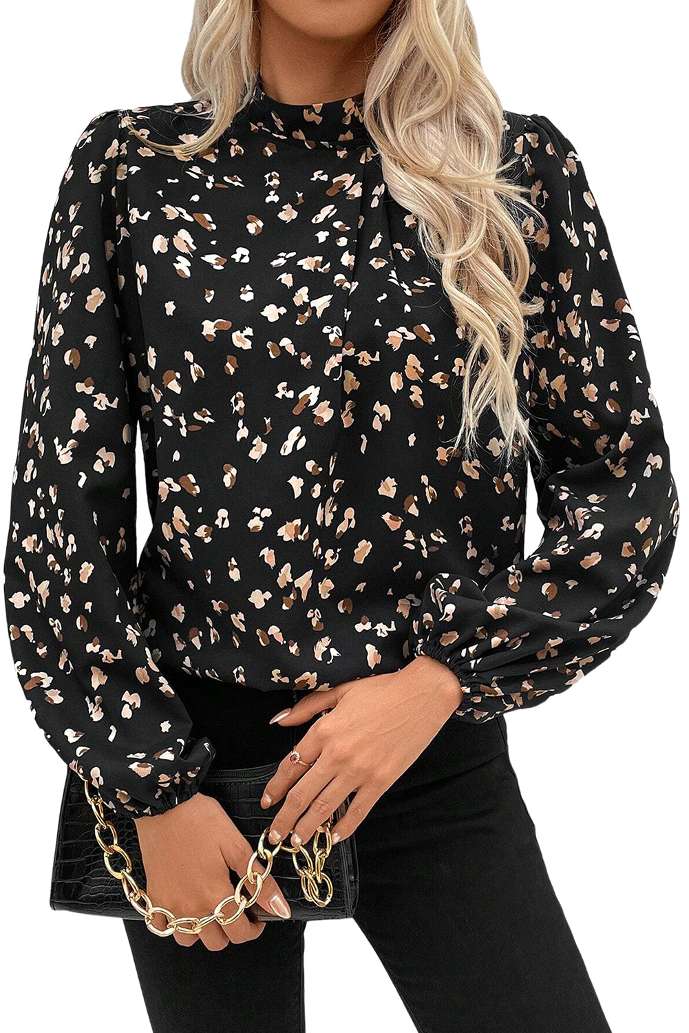 White Leopard Print Puff Sleeve Mock Neck Pleated Blouse