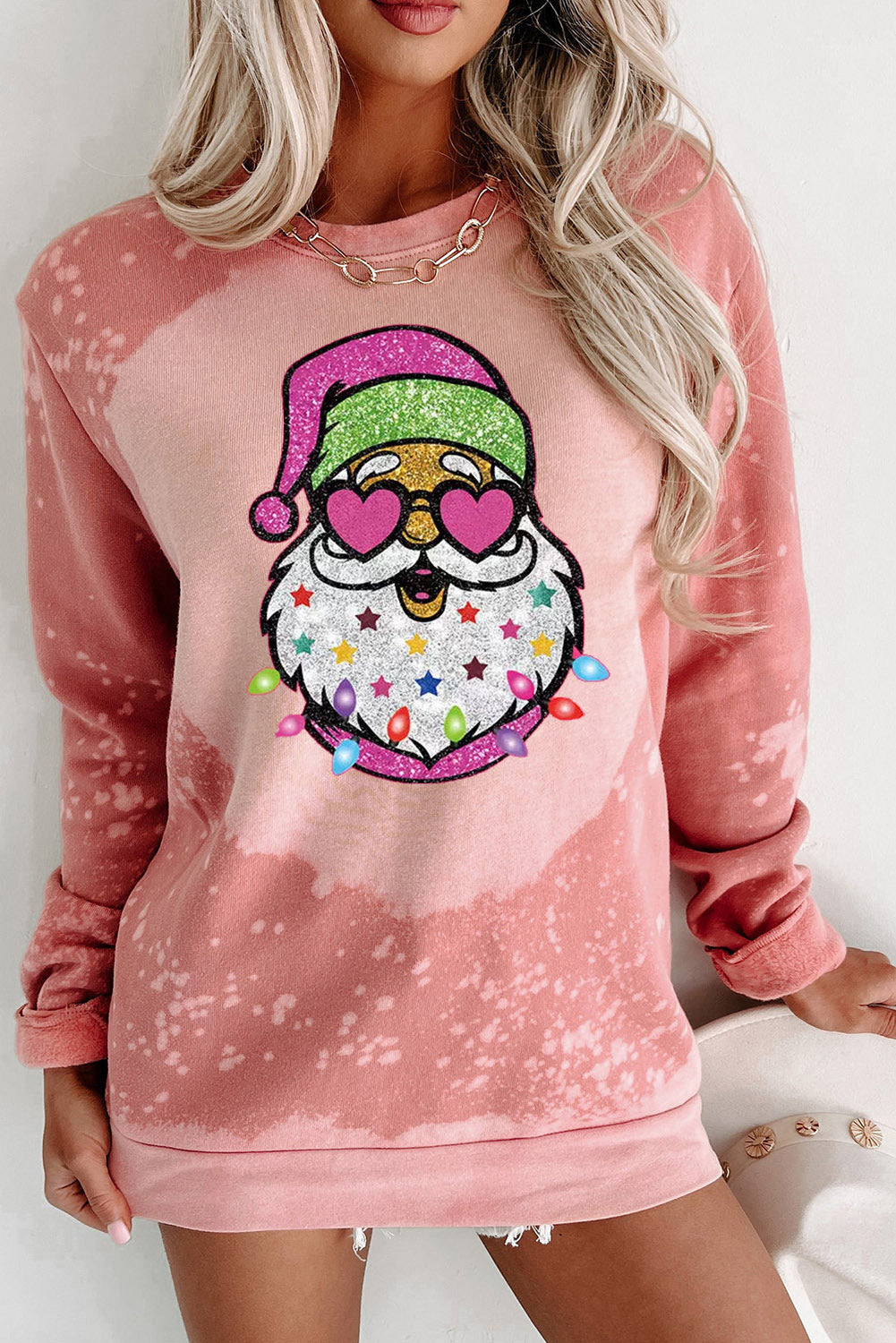 Pink Christmas Santa Claus Bleached Crewneck Graphic Sweatshirt