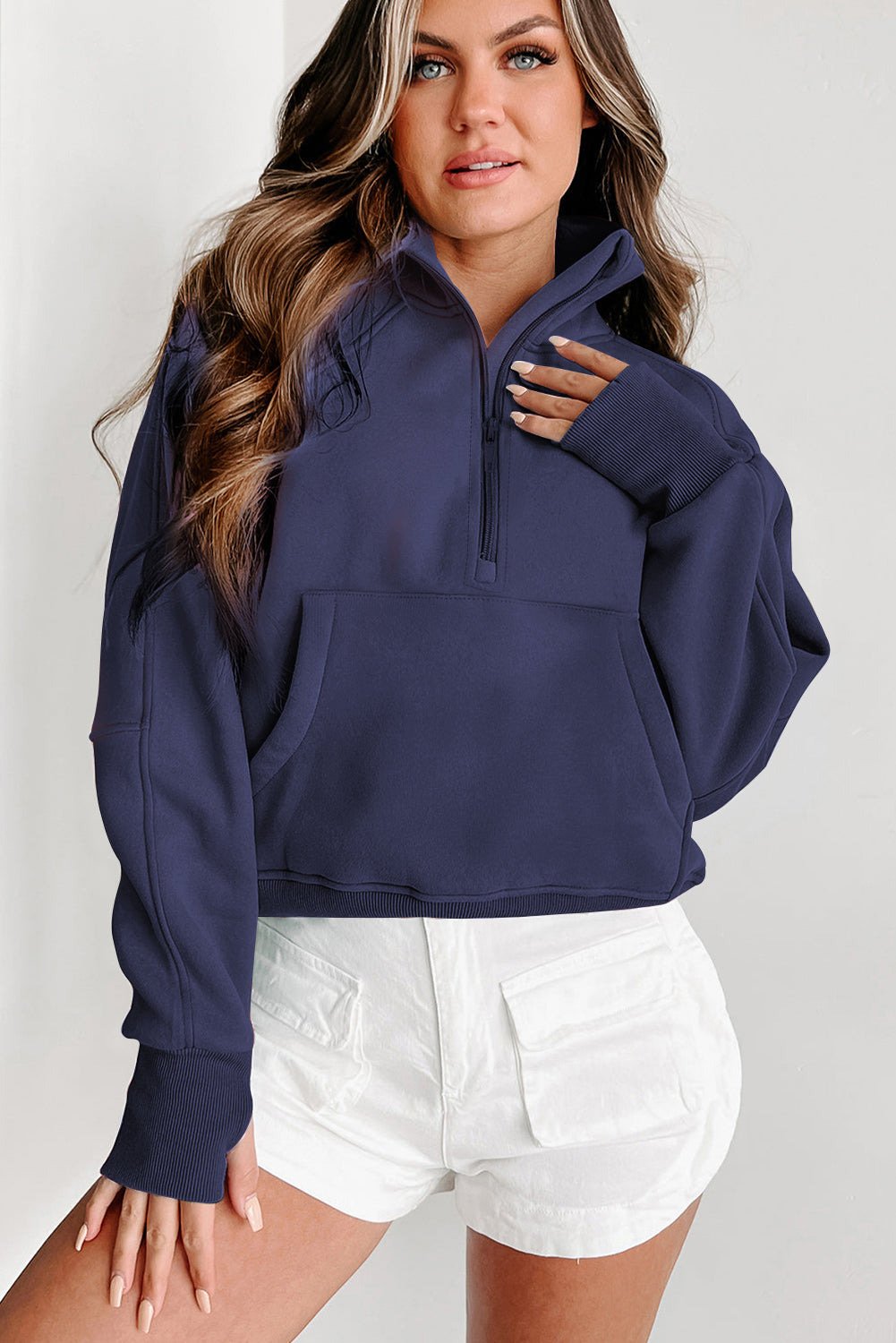 Parchment Zip Up Stand Collar Ribbed Thumbhole Sleeve Sweatshirt