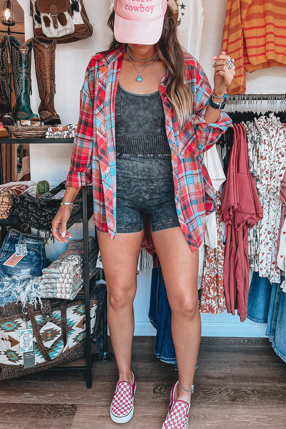 Orange Plaid Print Pocket Loose Shirt