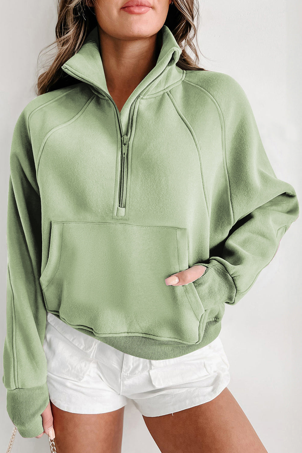 Parchment Zip Up Stand Collar Ribbed Thumbhole Sleeve Sweatshirt