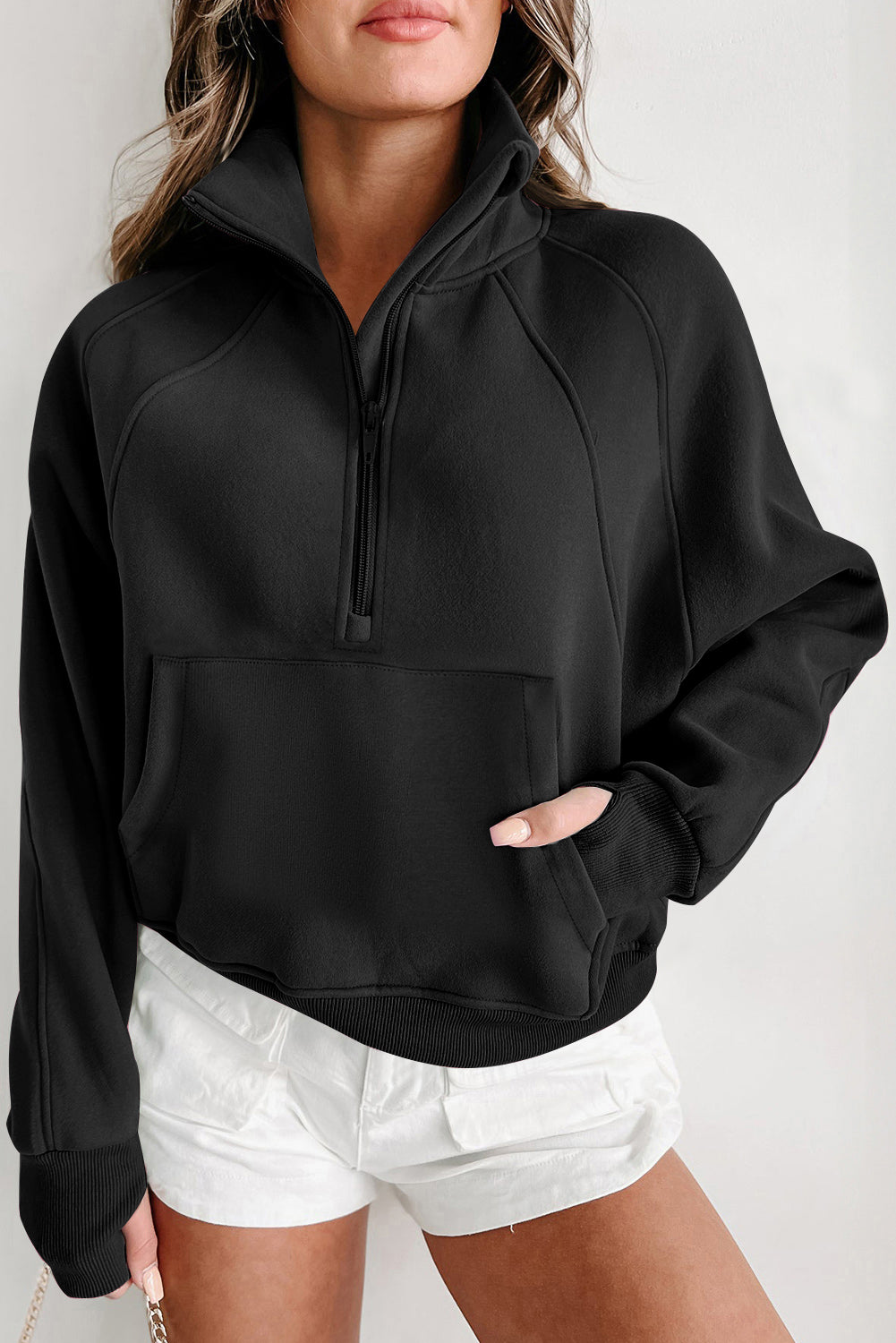 Parchment Zip Up Stand Collar Ribbed Thumbhole Sleeve Sweatshirt