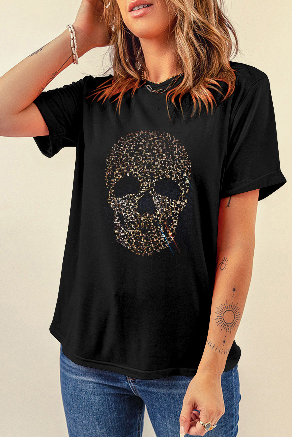 Black Rhinestone Leopard Skull Graphic Crewneck T Shirt