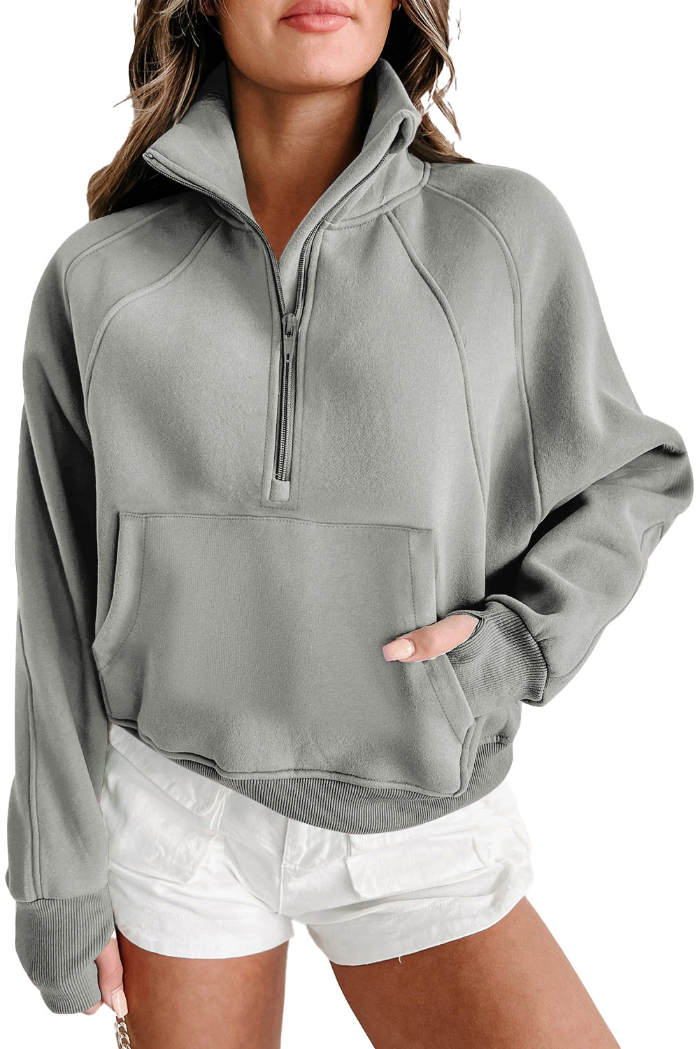 Parchment Zip Up Stand Collar Ribbed Thumbhole Sleeve Sweatshirt