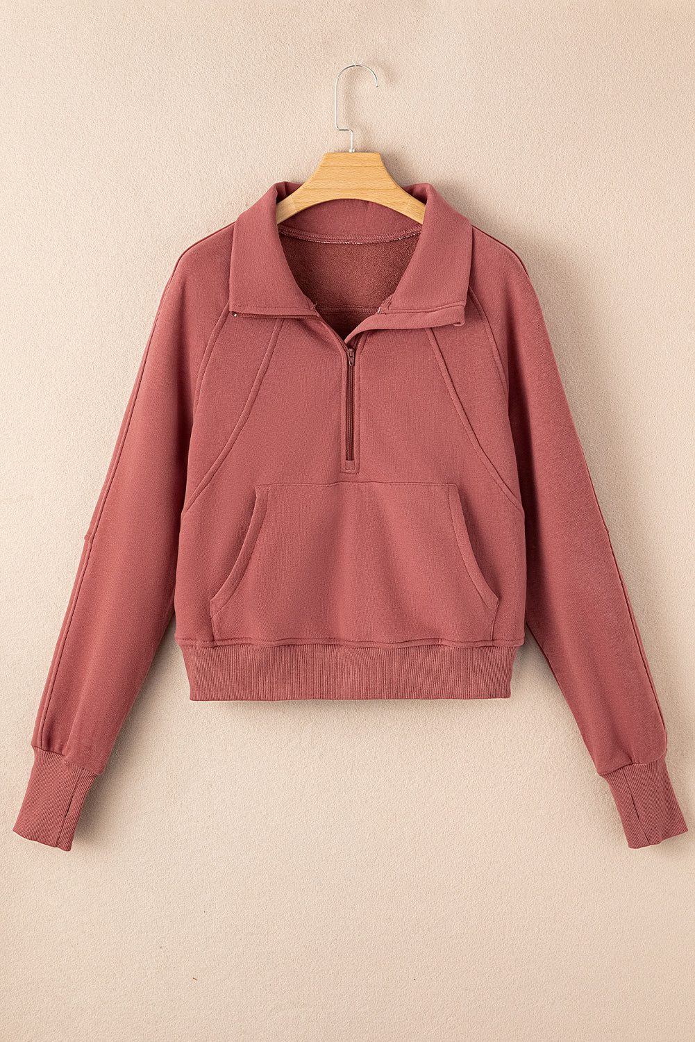 Parchment Zip Up Stand Collar Ribbed Thumbhole Sleeve Sweatshirt