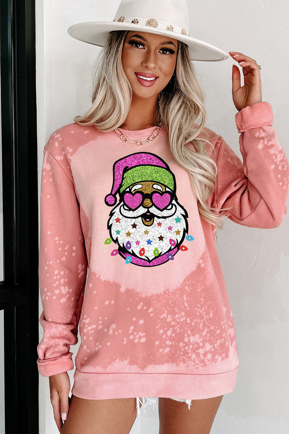 Pink Christmas Santa Claus Bleached Crewneck Graphic Sweatshirt