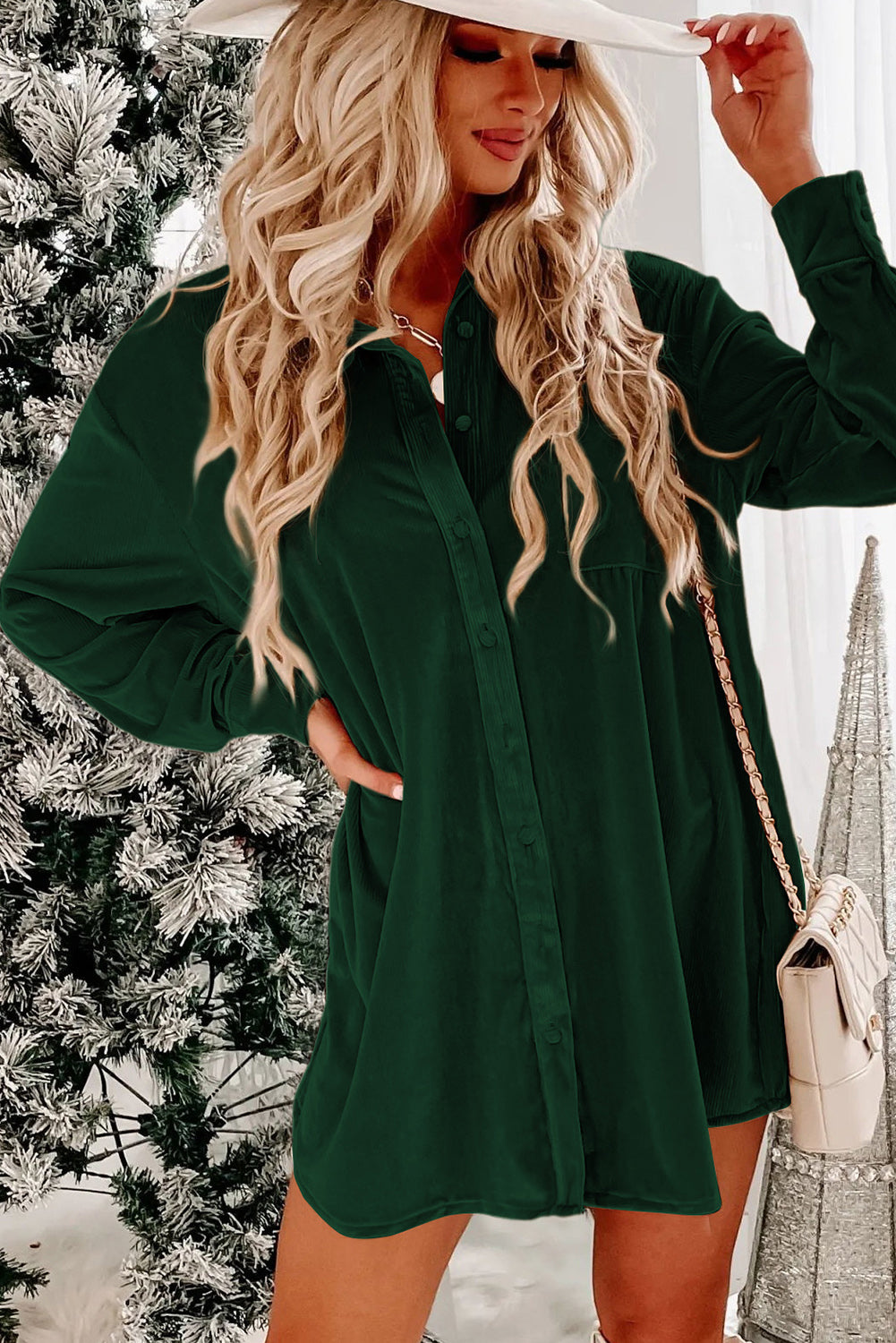 Green Velvet Button Front Shirt Mini Dress