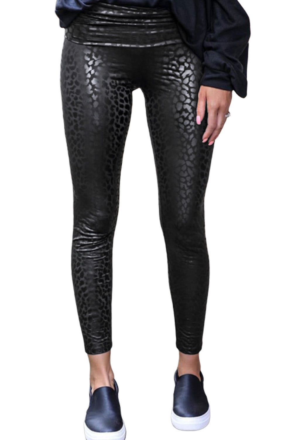 Black Casual Shiny Leopard Print Cropped Leggings