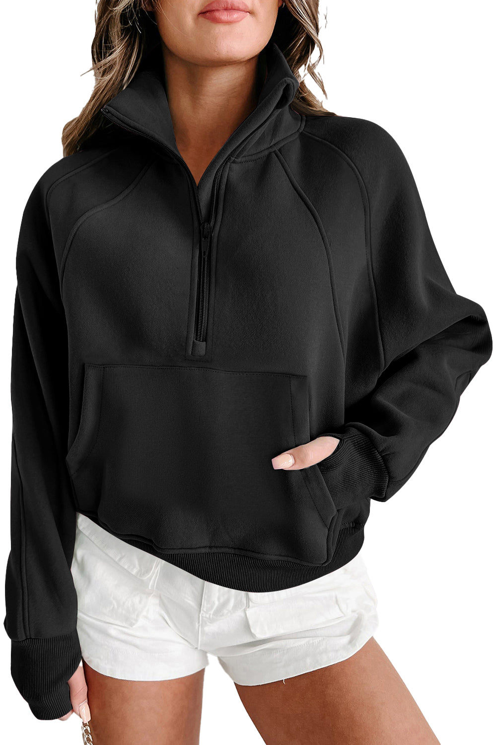 Parchment Zip Up Stand Collar Ribbed Thumbhole Sleeve Sweatshirt