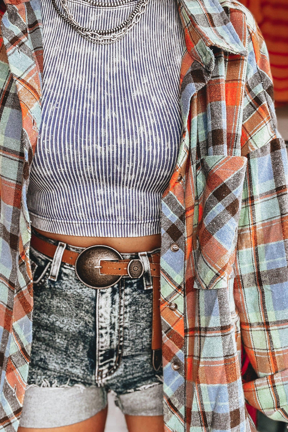 Orange Plaid Print Pocket Loose Shirt