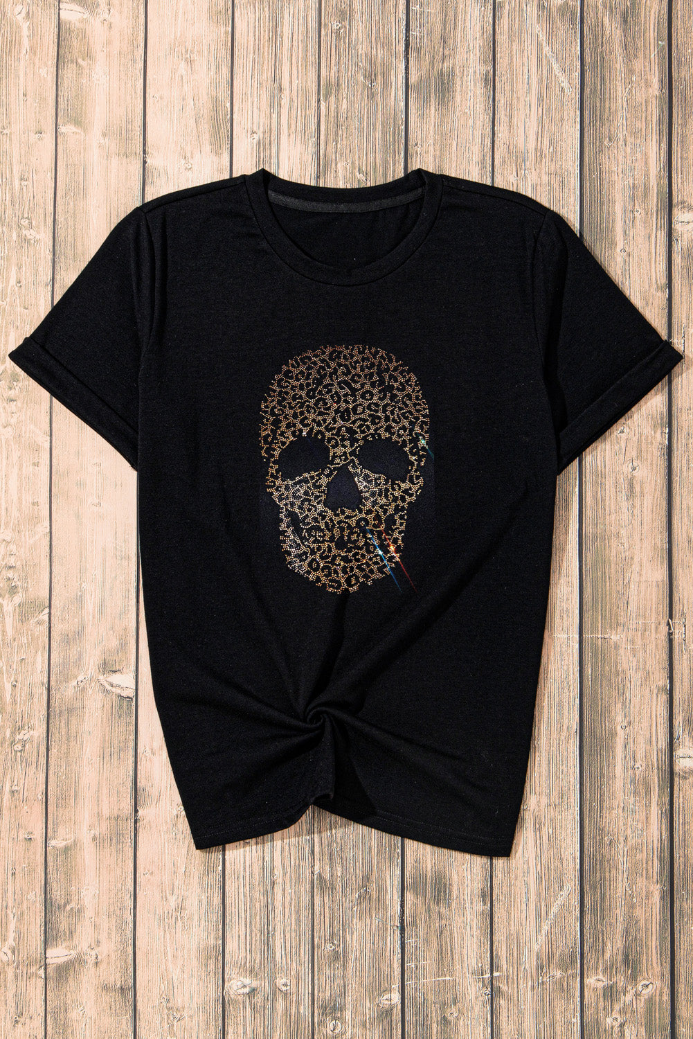 Black Rhinestone Leopard Skull Graphic Crewneck T Shirt