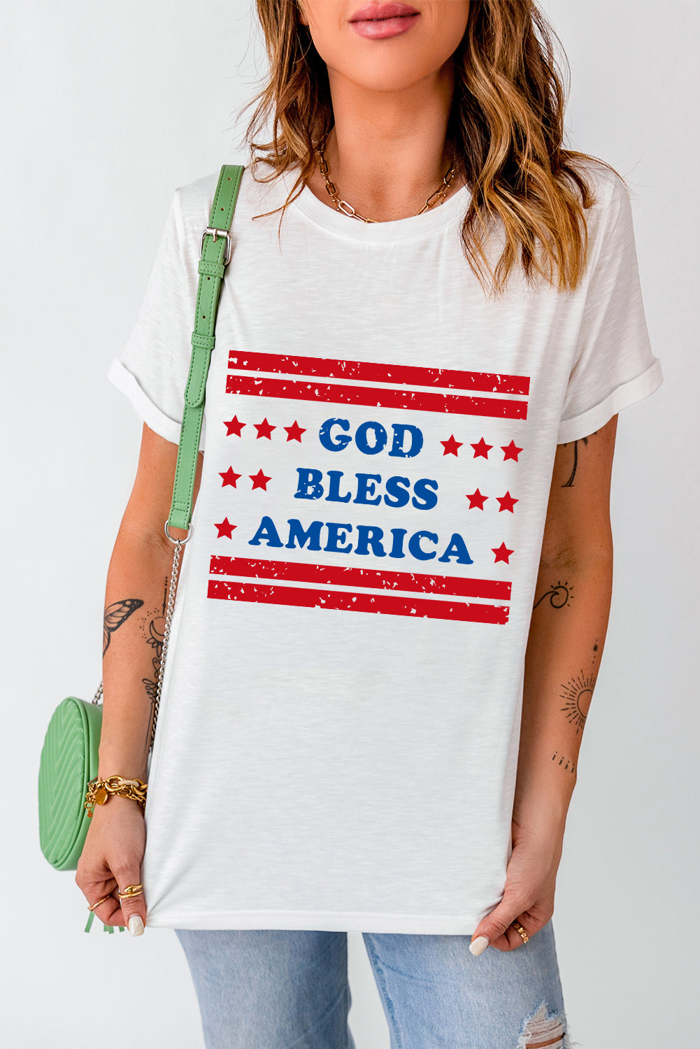 White GOD BLESS AMERICA Star and Stripe Graphic Tee