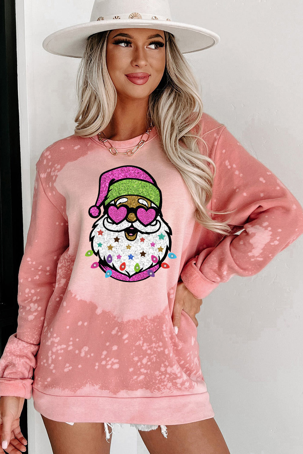 Pink Christmas Santa Claus Bleached Crewneck Graphic Sweatshirt