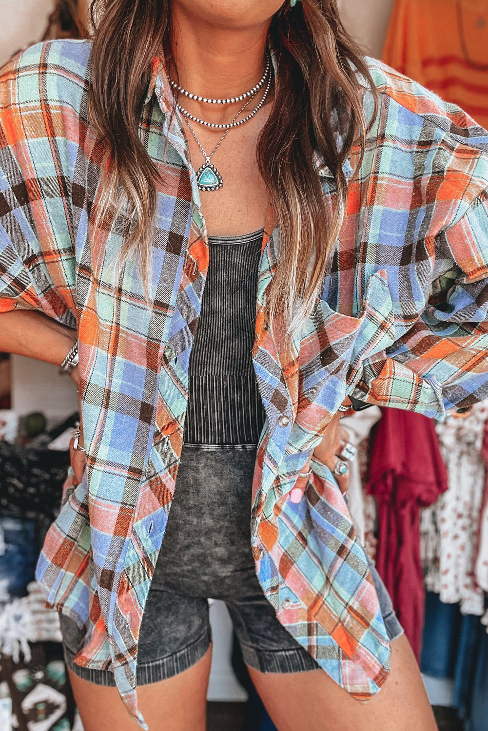 Orange Plaid Print Pocket Loose Shirt