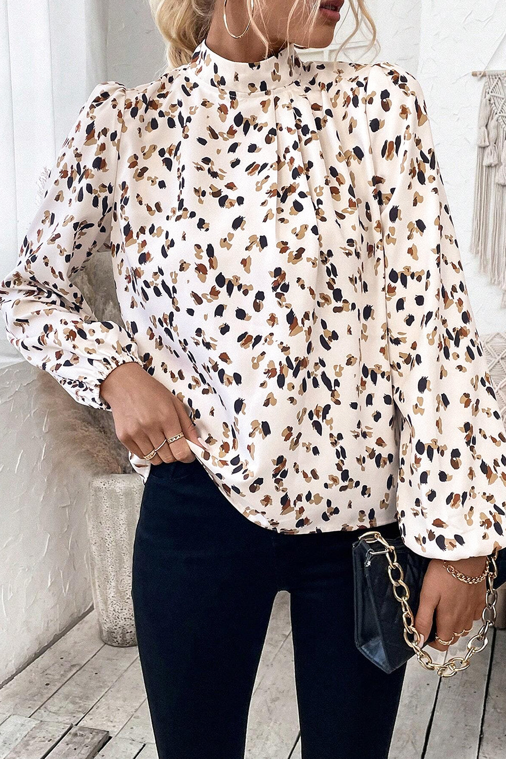 White Leopard Print Puff Sleeve Mock Neck Pleated Blouse