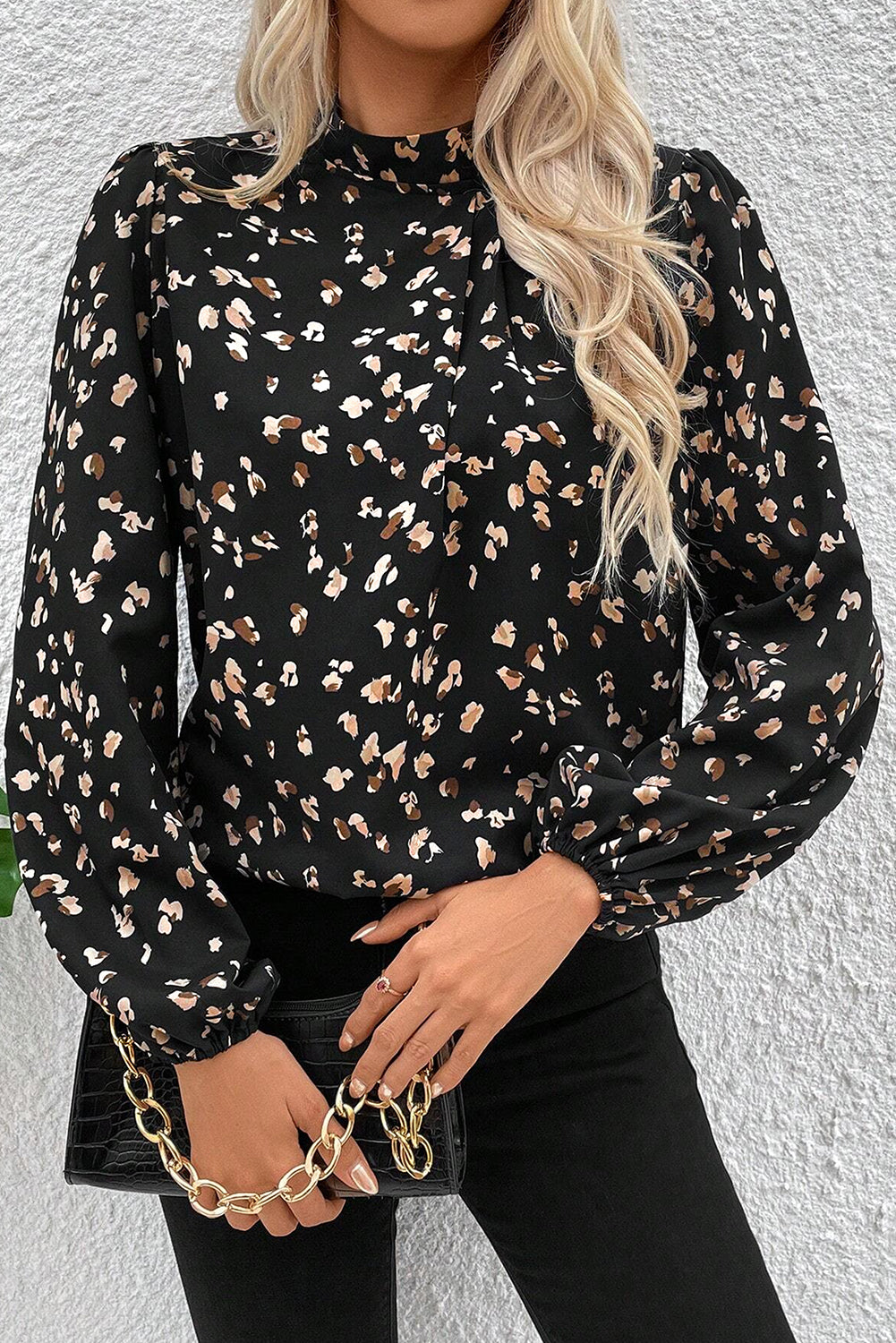 White Leopard Print Puff Sleeve Mock Neck Pleated Blouse