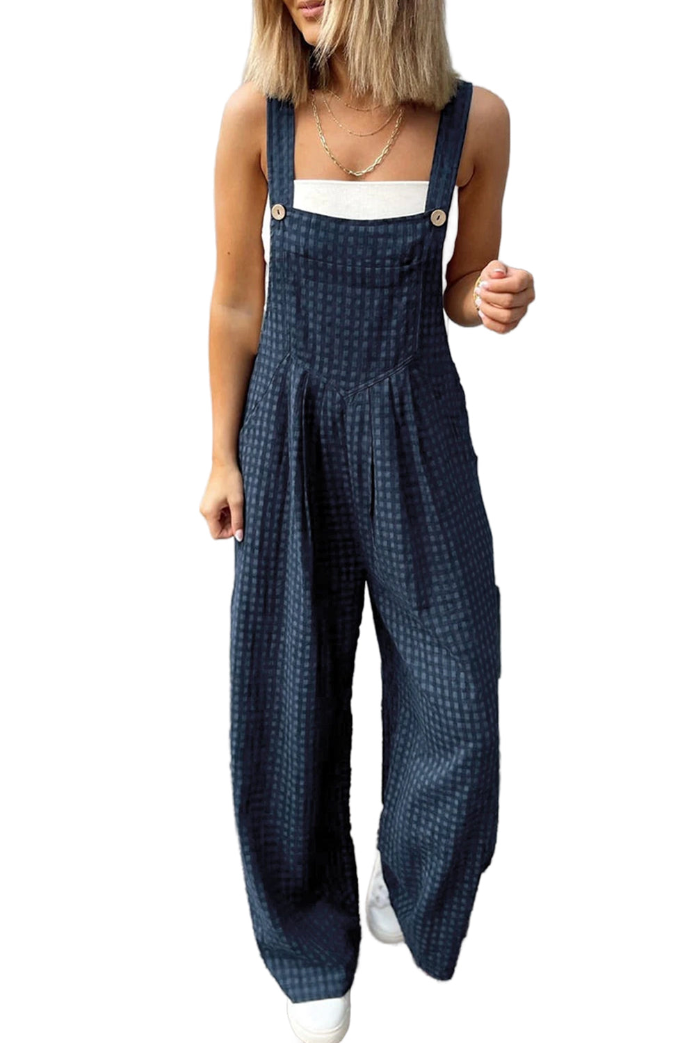 Sail Blue Plaid Print Buttoned Pocket High Waist Overall