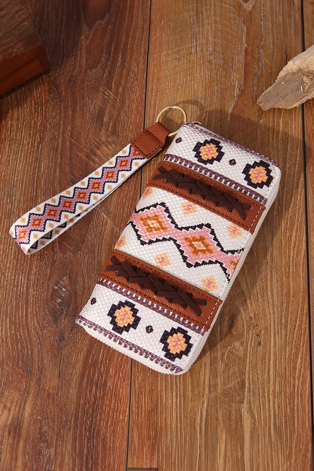 White Geometric Print PU Leather Wristlet Wallet