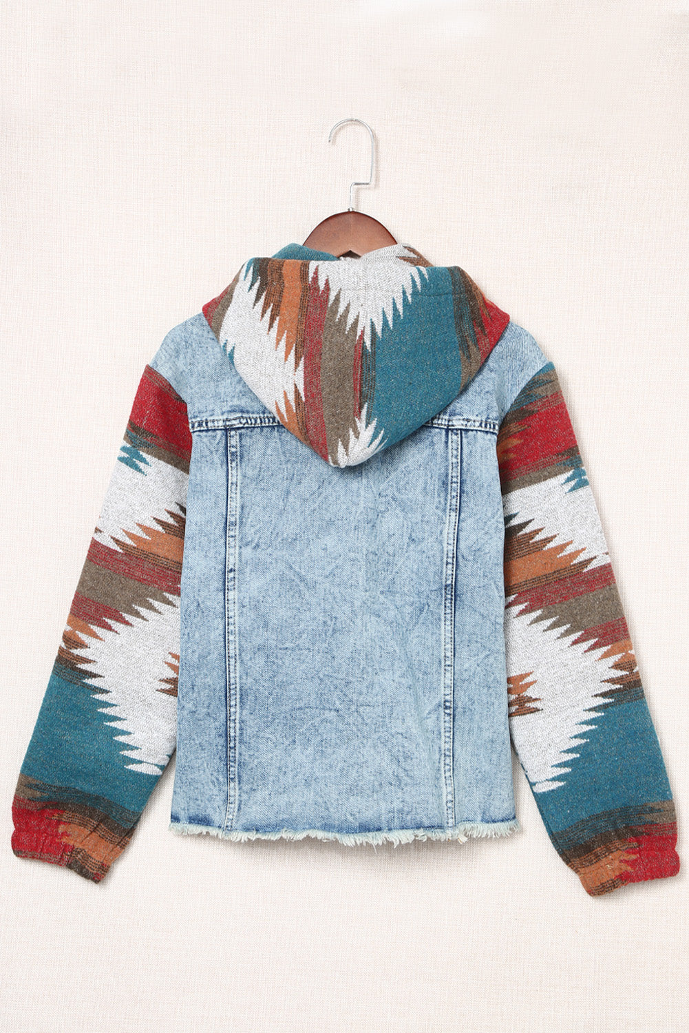 Multicolor Geometric Print Frayed Hem Denim Jacket