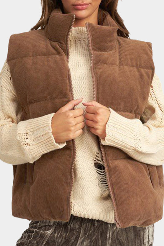 Coffee Solid Color Corduroy Puffer Vest Coat