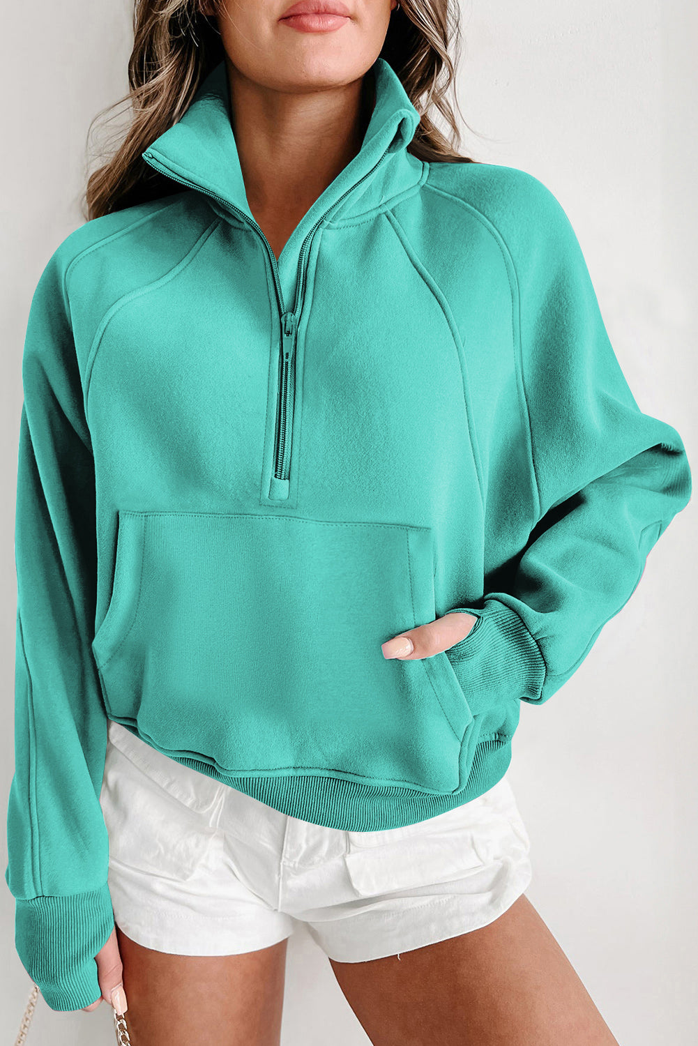 Parchment Zip Up Stand Collar Ribbed Thumbhole Sleeve Sweatshirt