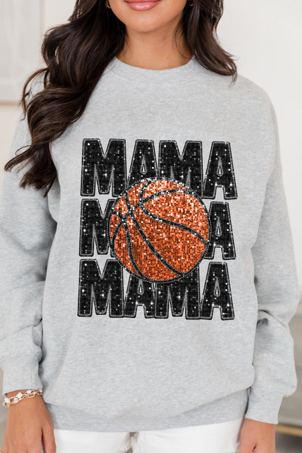 Gray Sequins MAMA Basketball Graphic Pullover Sweatshirt