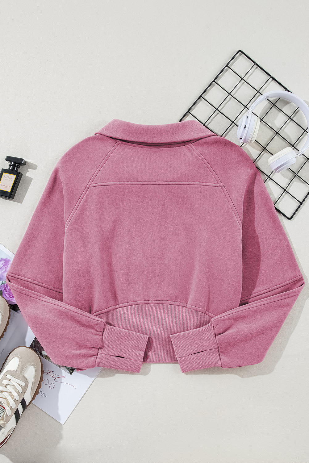 Parchment Zip Up Stand Collar Ribbed Thumbhole Sleeve Sweatshirt