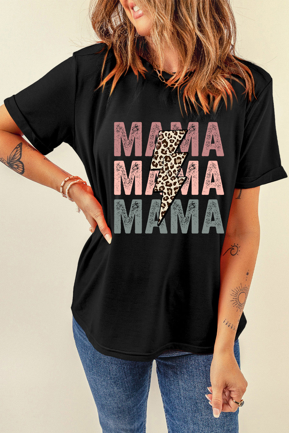 Black Leopard Lightning MAMA Letter Print Graphic Tee