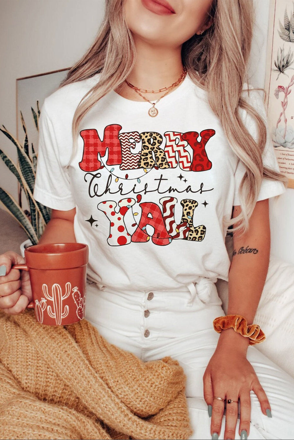 White MERRY Christmas Y All Graphic Crewneck T Shirt