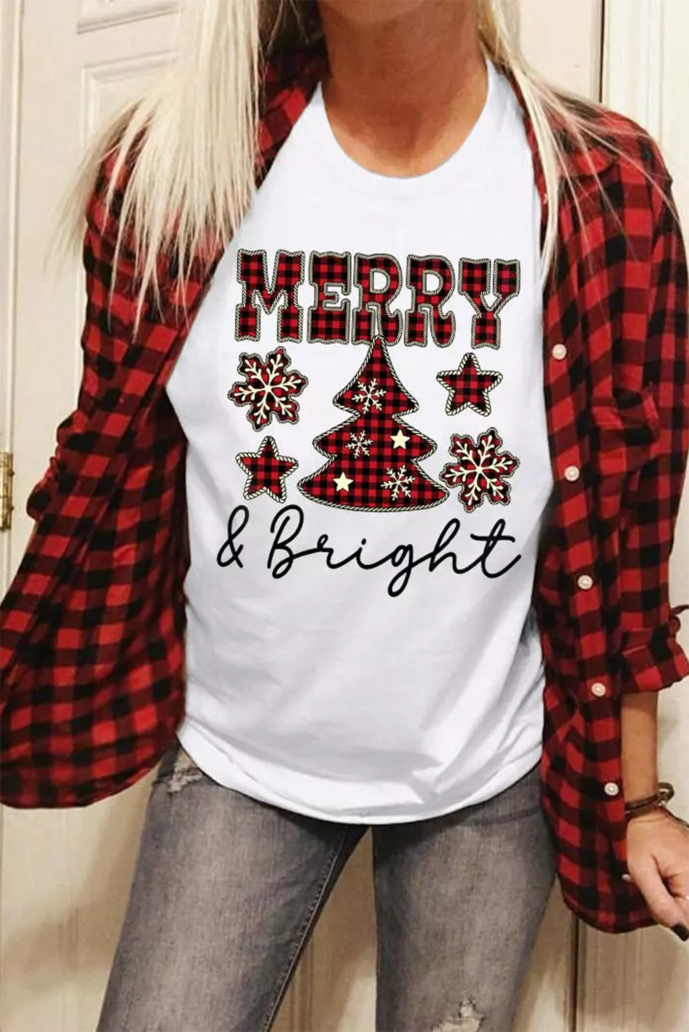 White MERRY and Bright Plaid Print Christmas Crewneck Graphic T Shirt