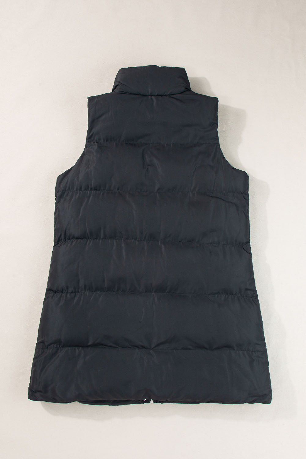 Black Solid Color Puffer Zip Up Pocketed Vest Coat