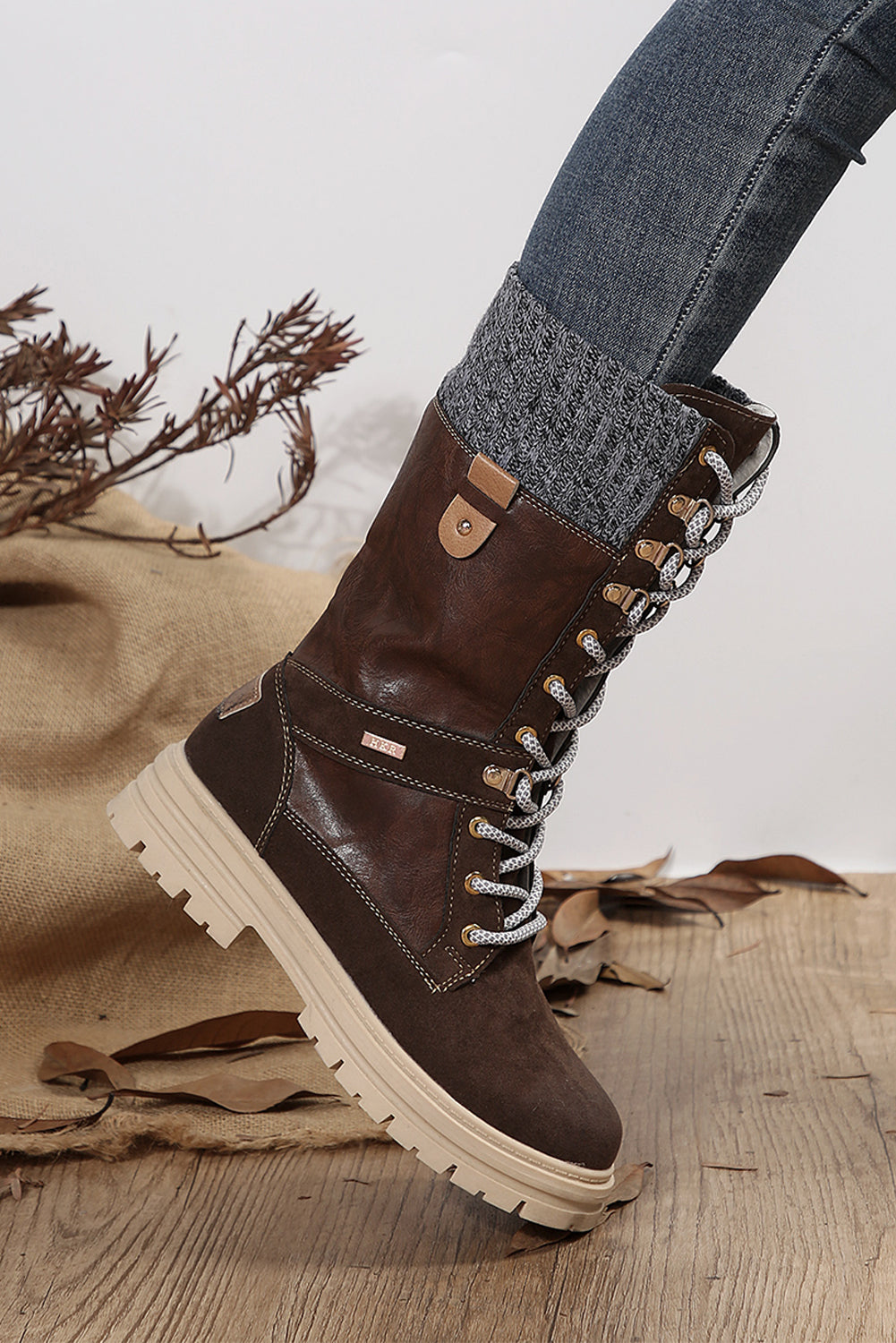 Coffee Wool Knit Patchwork Lace Up Leather Boots