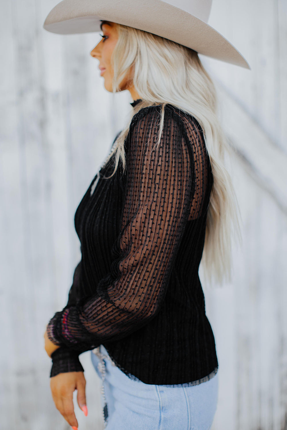 Black Dotty Lace Long Sleeve Mock Neck Sheer Top