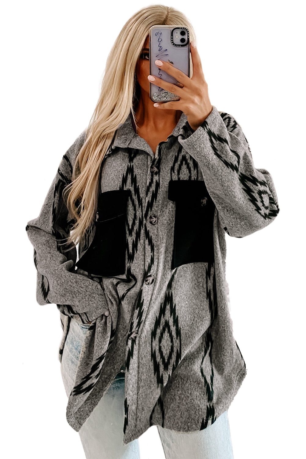 Gray Aztec Contrast Chest Pockets Loose Shacket