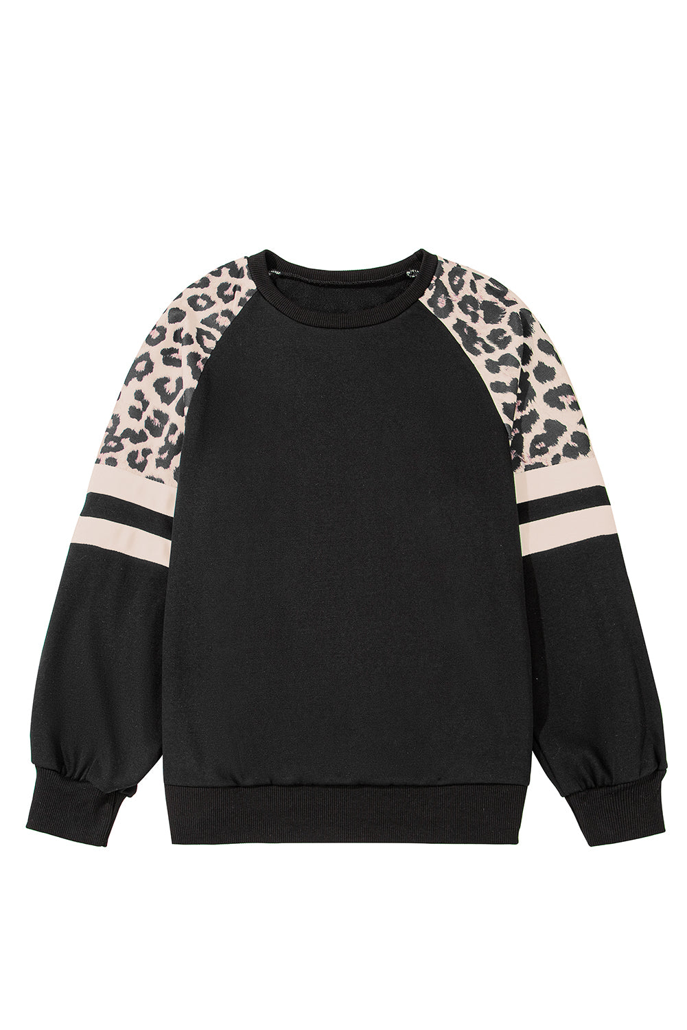 Black Leopard Print Patchwork Raglan Sleeve Sweatshirt