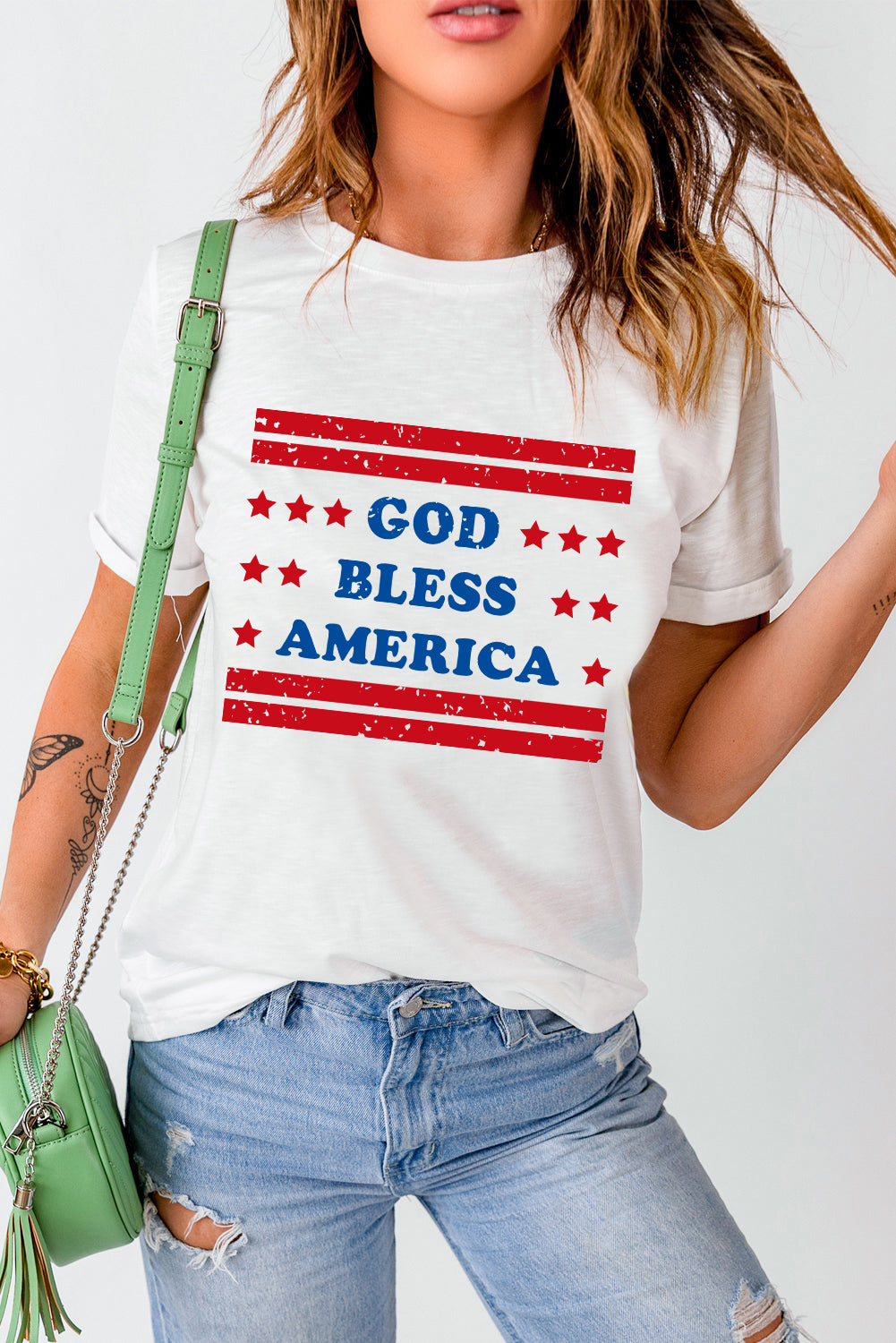 White GOD BLESS AMERICA Star and Stripe Graphic Tee