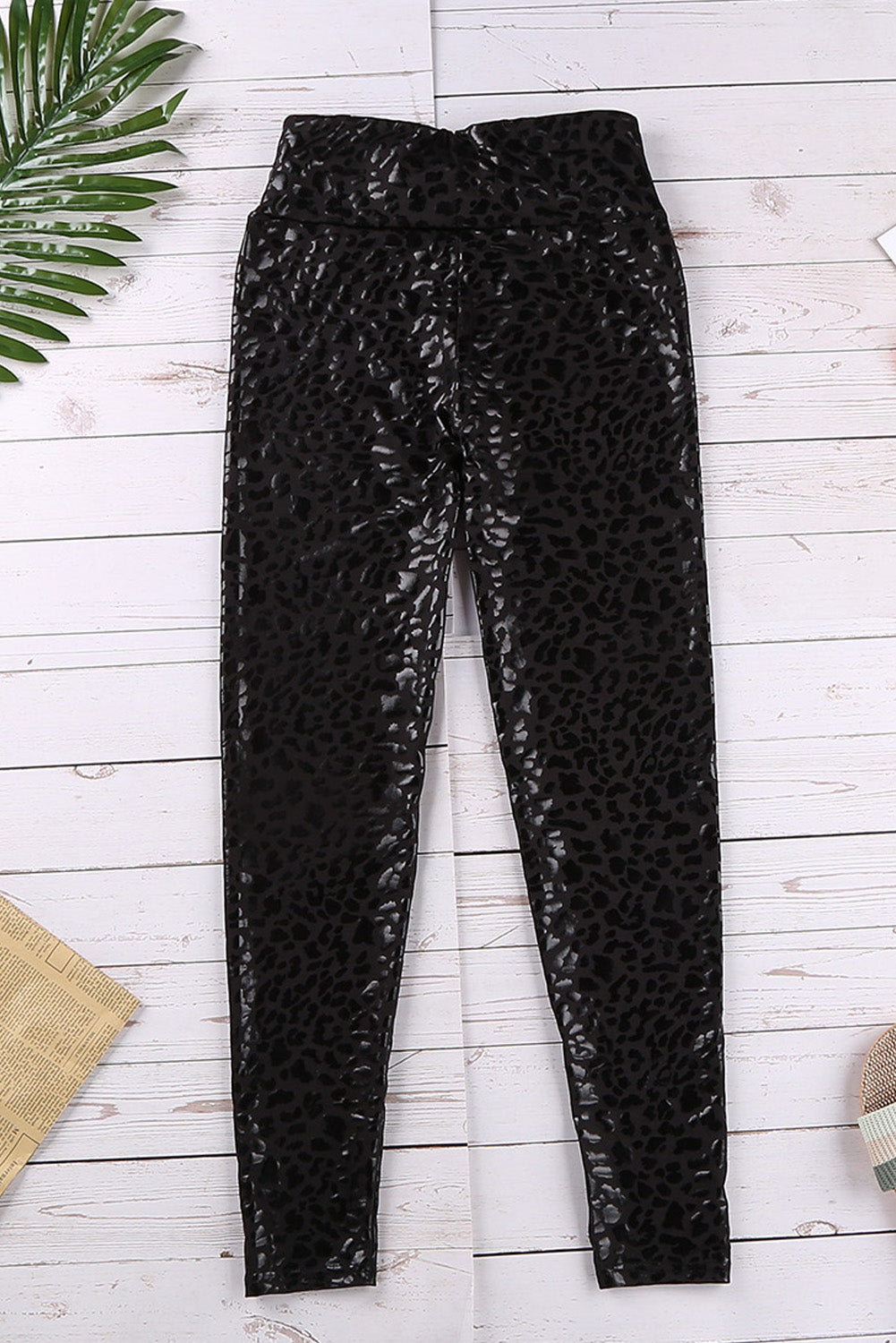 Black Casual Shiny Leopard Print Cropped Leggings