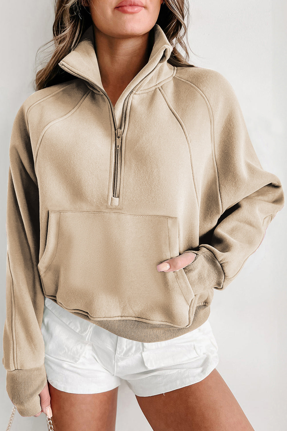 Parchment Zip Up Stand Collar Ribbed Thumbhole Sleeve Sweatshirt