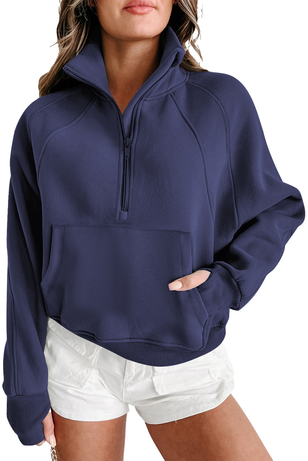 Parchment Zip Up Stand Collar Ribbed Thumbhole Sleeve Sweatshirt