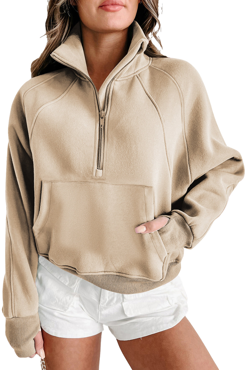 Parchment Zip Up Stand Collar Ribbed Thumbhole Sleeve Sweatshirt