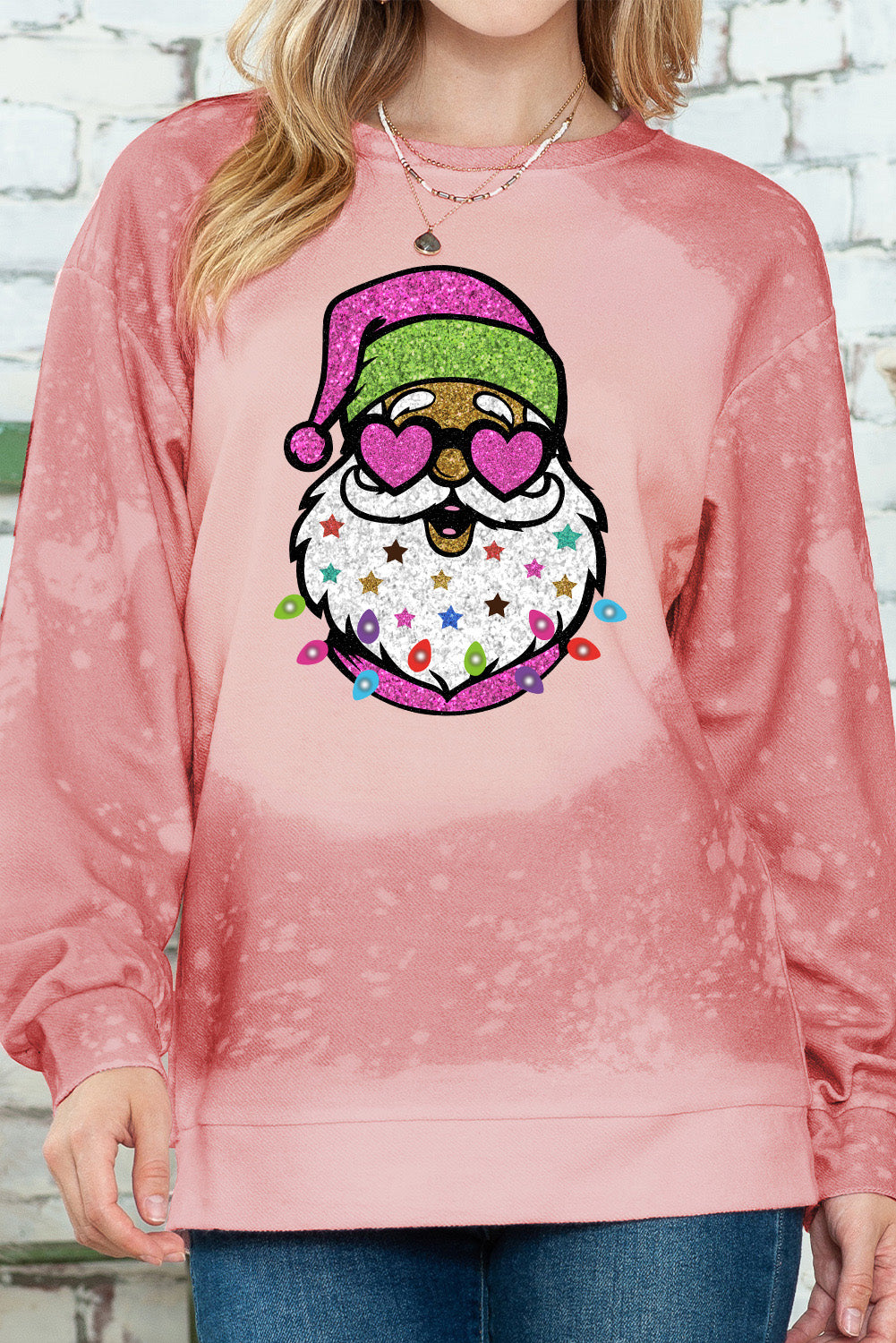 Pink Christmas Santa Claus Bleached Crewneck Graphic Sweatshirt