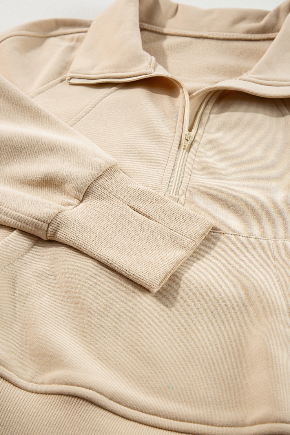 Parchment Zip Up Stand Collar Ribbed Thumbhole Sleeve Sweatshirt