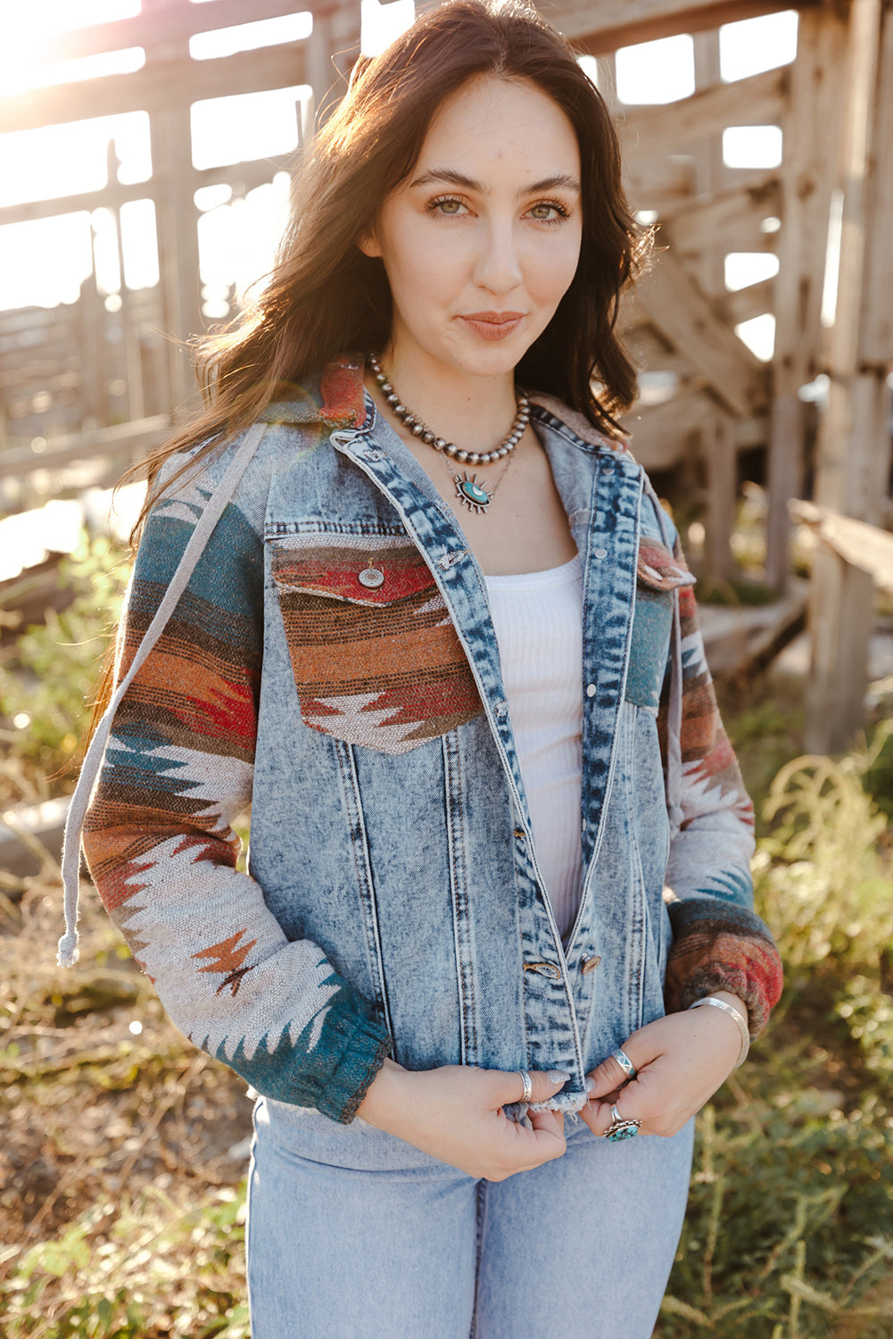 Multicolor Geometric Print Frayed Hem Denim Jacket