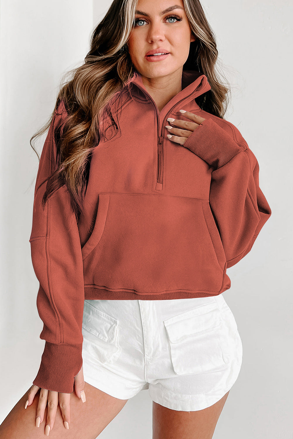 Parchment Zip Up Stand Collar Ribbed Thumbhole Sleeve Sweatshirt