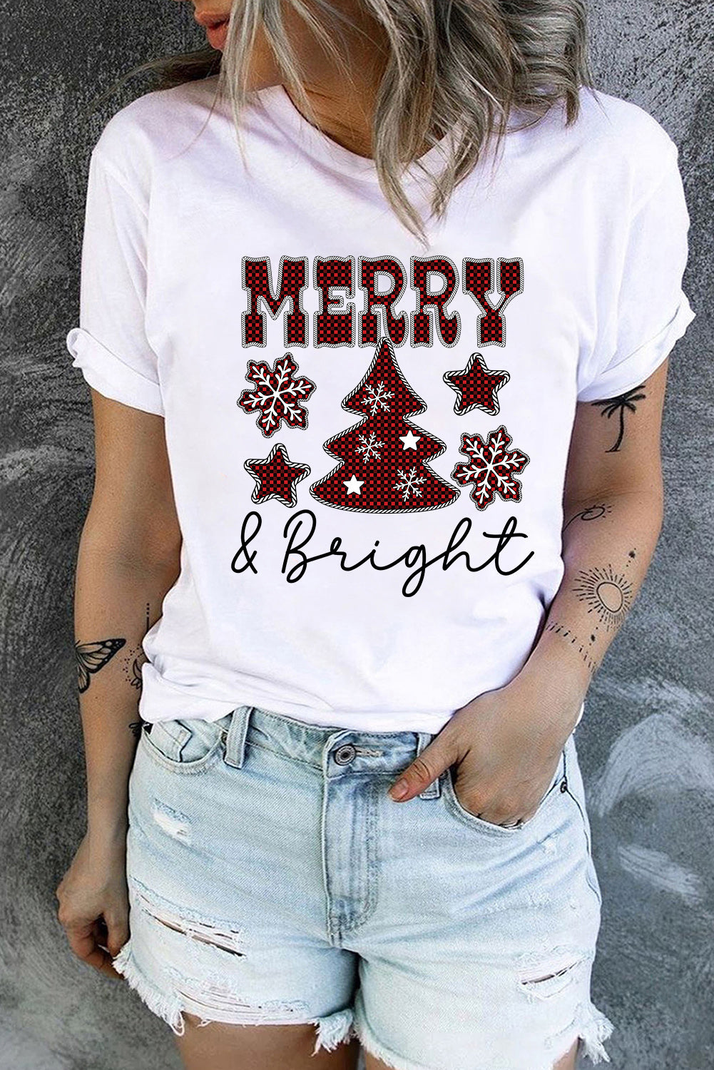 White MERRY and Bright Plaid Print Christmas Crewneck Graphic T Shirt