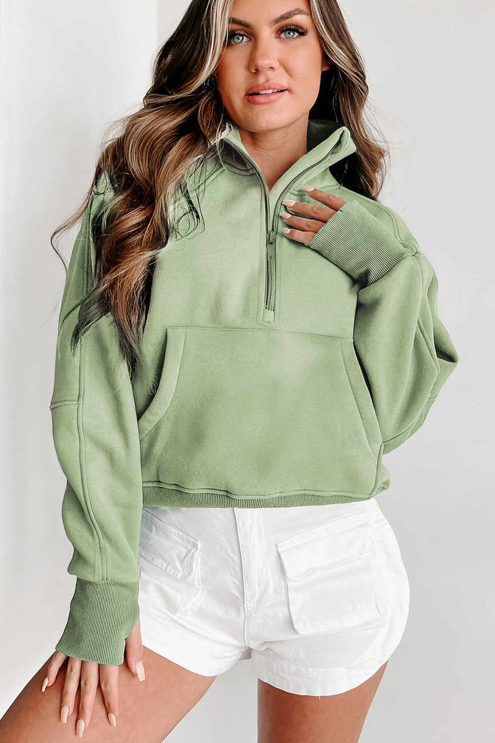 Parchment Zip Up Stand Collar Ribbed Thumbhole Sleeve Sweatshirt