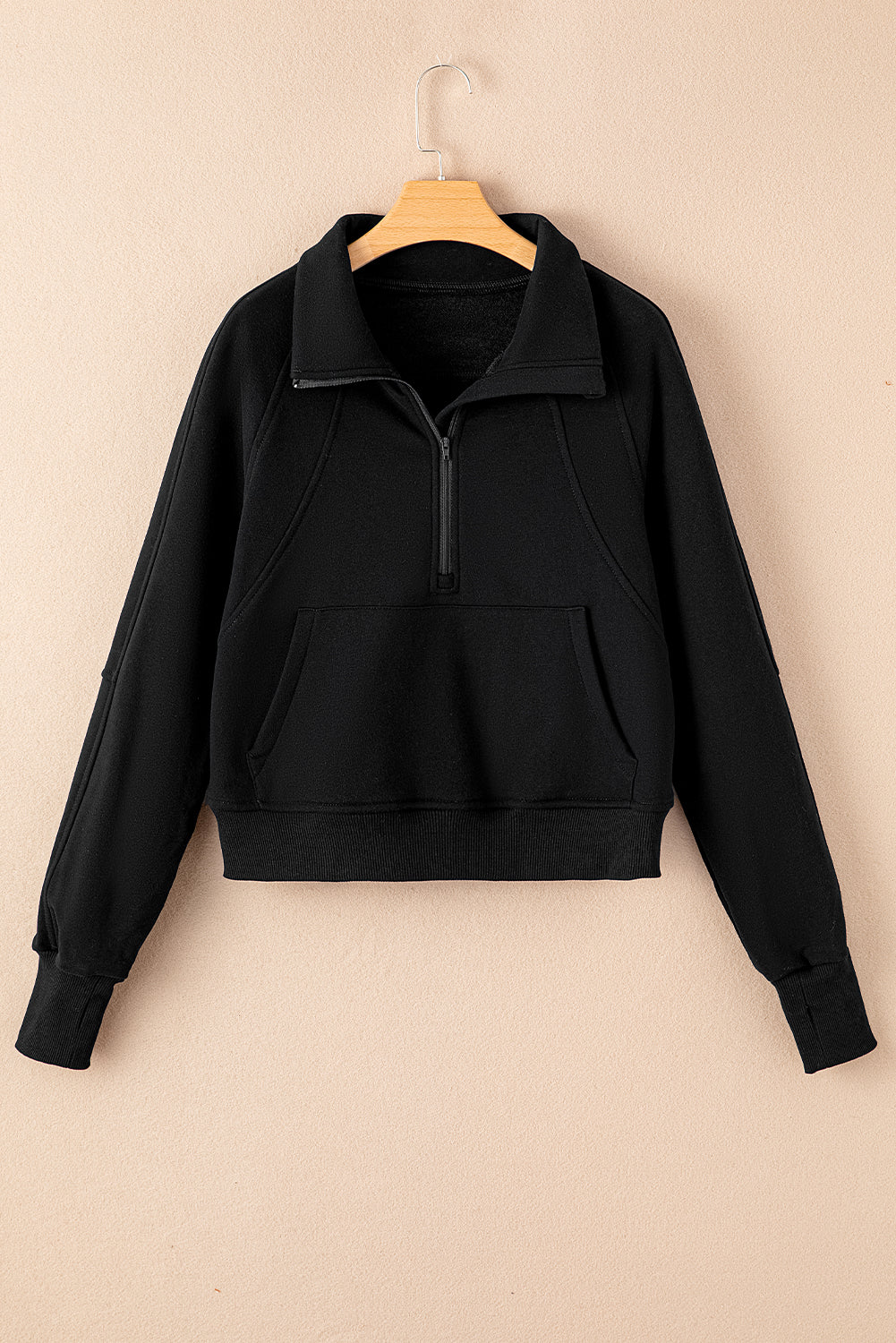 Parchment Zip Up Stand Collar Ribbed Thumbhole Sleeve Sweatshirt