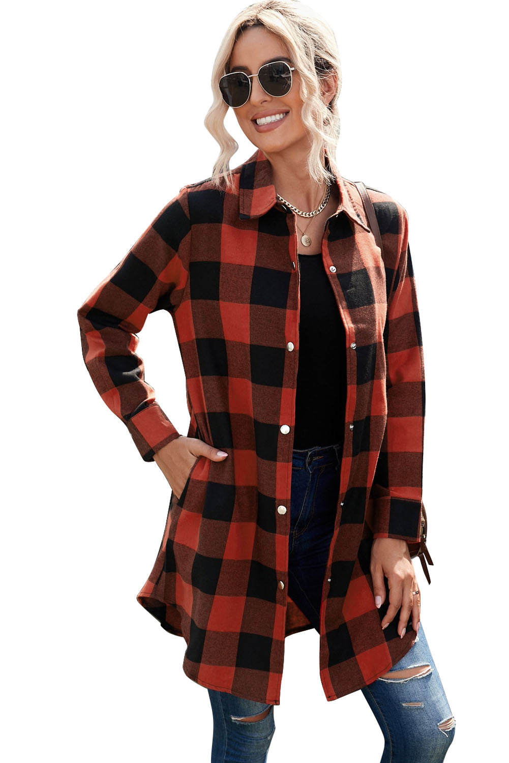 Red Plaid Collared Button Down Long Shirt Shacket