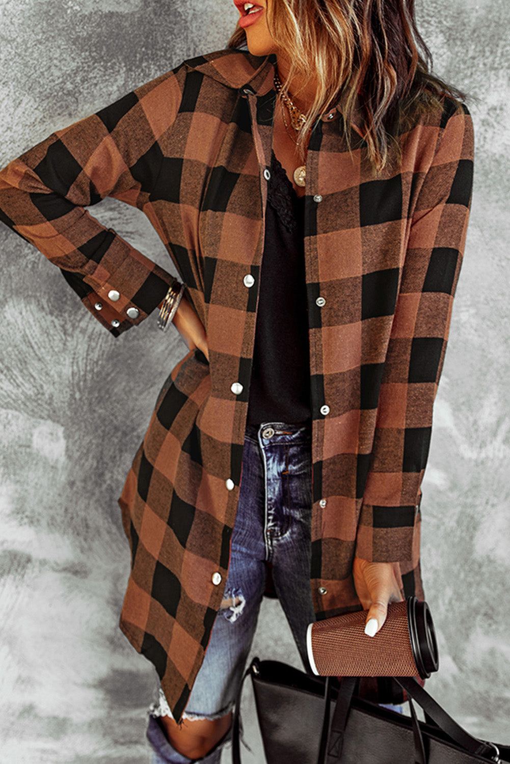 Red Plaid Collared Button Down Long Shirt Shacket